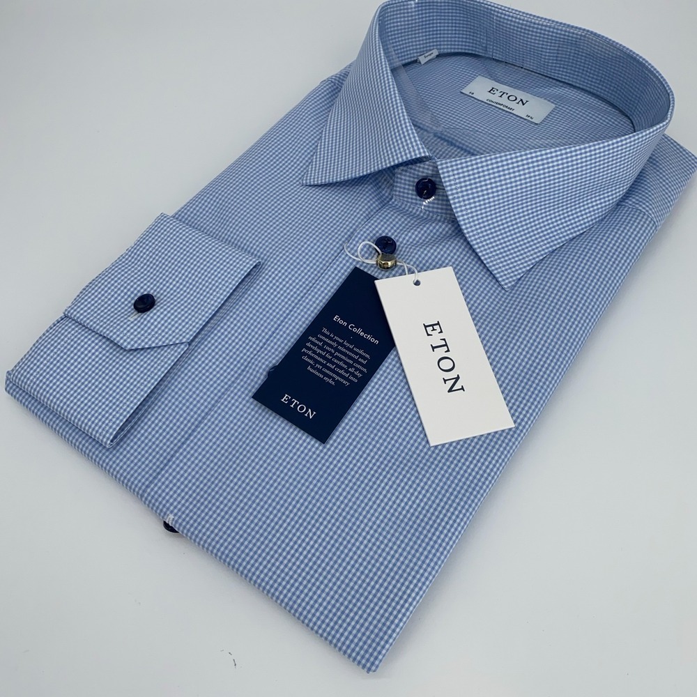 Eton Dress Shirt Men 4XL 19 3/4 - 50 Blue White Plaid Contemporary Fit Button Up